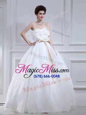 Great White Sleeveless Ruffles and Sashes|ribbons Floor Length Wedding Gowns