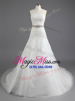 Exceptional White Column/Sheath Strapless Sleeveless Tulle With Train Court Train Lace Up Beading and Lace and Appliques Wedding Dress