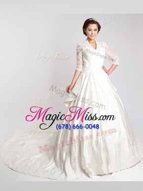 Custom Designed White Chiffon Clasp Handle Wedding Dress 3|4 Length Sleeve With Train Cathedral Train Lace