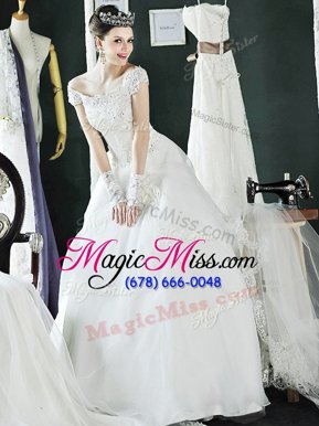 Off the Shoulder Floor Length White Wedding Dresses Organza Cap Sleeves Beading and Lace and Appliques
