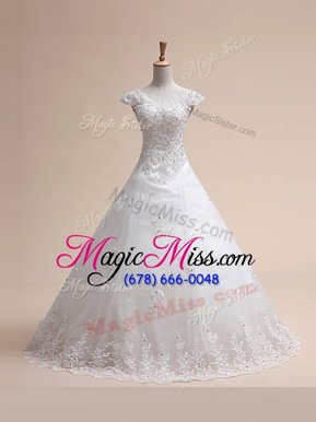 High Quality V-neck Sleeveless Tulle Wedding Gowns Beading and Appliques and Bowknot Court Train Lace Up