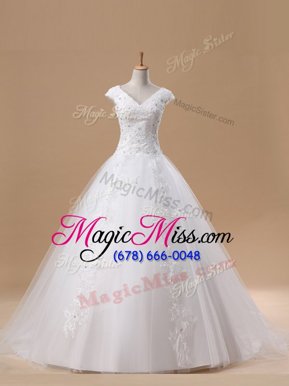 Fabulous Brush Train A-line Wedding Dress White V-neck Tulle Short Sleeves With Train Lace Up