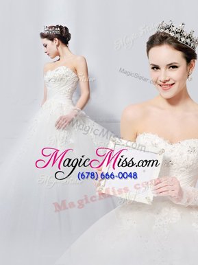 Simple Sweetheart Sleeveless Wedding Gowns With Brush Train Beading and Appliques White Tulle