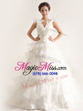 Custom Designed V-neck Sleeveless Wedding Gown With Brush Train Ruffled Layers White Chiffon