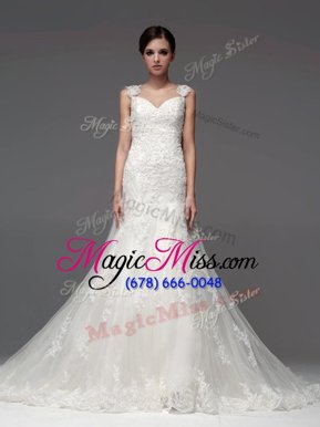 Adorable Sleeveless Tulle With Brush Train Lace Up Wedding Gowns in White for with Lace and Appliques