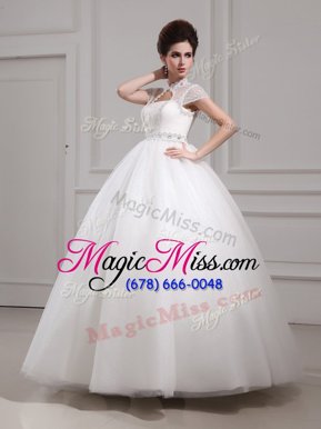 Dynamic Halter Top High-neck Cap Sleeves Tulle Wedding Dresses Beading and Lace Lace Up