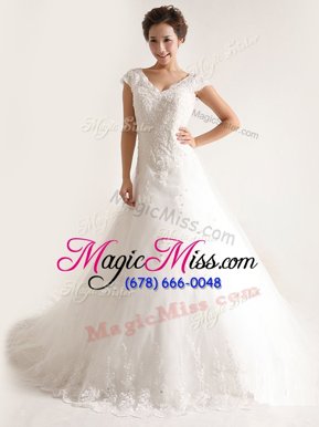 High Class Chapel Train A-line Wedding Dress White V-neck Tulle Cap Sleeves With Train Lace Up