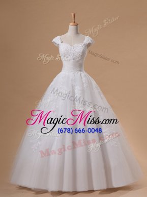 White Cap Sleeves Lace and Appliques and Sequins Floor Length Wedding Gowns