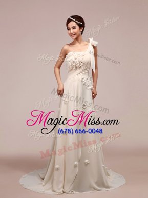 Romantic One Shoulder White Lace Up Wedding Dress Ruching and Hand Made Flower Sleeveless With Brush Train