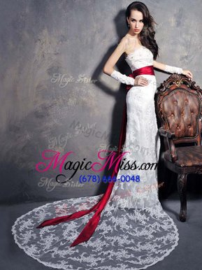 Artistic White Wedding Gowns Wedding Party and For with Lace and Appliques and Bowknot and Belt Strapless Sleeveless Brush Train Lace Up