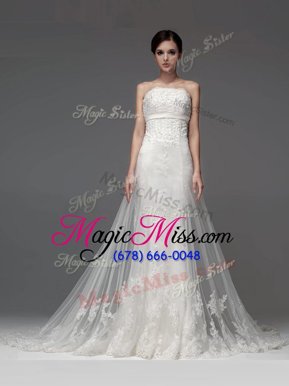 Superior White Tulle Lace Up Strapless Sleeveless With Train Wedding Gown Brush Train Lace and Appliques