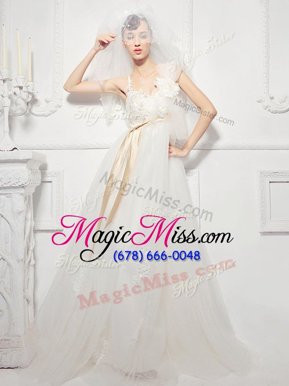 Most Popular Sleeveless Floor Length Lace and Appliques and Belt and Hand Made Flower Lace Up Bridal Gown with White