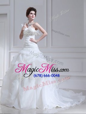 Graceful One Shoulder Sleeveless Brush Train Lace Up With Train Ruffles and Ruching and Pick Ups Wedding Gowns