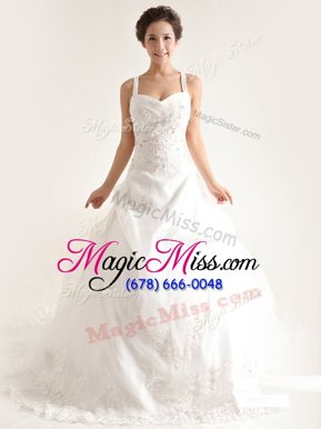 Decent Sleeveless Brush Train Criss Cross With Train Lace and Appliques and Hand Made Flower Wedding Dress