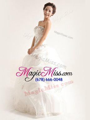 Modest White Organza Zipper Wedding Dress Sleeveless Floor Length Beading and Ruffles