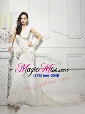 Popular White Cap Sleeves With Train Lace and Appliques Zipper Wedding Gown