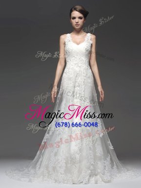 Romantic White Straps Neckline Lace and Appliques Wedding Dresses Sleeveless Zipper