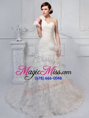 Beauteous One Shoulder Ruffled Layers and Ruching and Hand Made Flower Wedding Gowns White Lace Up Sleeveless Brush Train