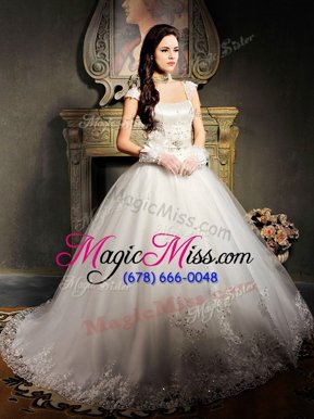 Romantic Tulle Square Cap Sleeves Brush Train Lace Up Beading and Appliques Wedding Gown in White