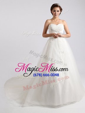 Traditional White Ball Gowns Tulle Sweetheart Sleeveless Beading and Appliques With Train Lace Up Wedding Gown Court Train