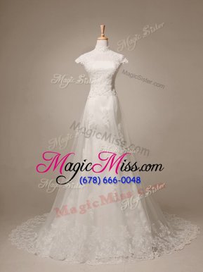 Comfortable White High-neck Clasp Handle Beading and Lace and Appliques Bridal Gown Brush Train Cap Sleeves