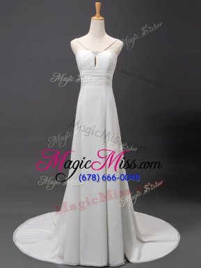 Classical V-neck Sleeveless Brush Train Lace Up Bridal Gown White Chiffon