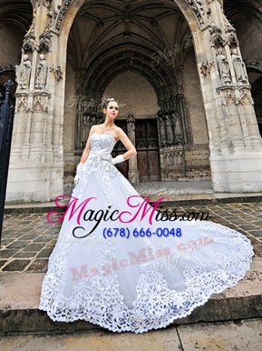 Adorable White Sleeveless Chapel Train Beading and Appliques With Train Wedding Gowns