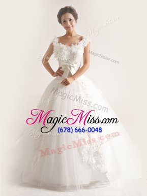 Sophisticated Scoop White Lace Up Wedding Gown Lace and Appliques Sleeveless With Brush Train