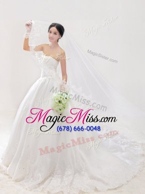 Cute Organza Strapless Sleeveless Chapel Train Zipper Lace and Appliques Wedding Dresses in White