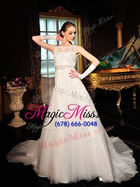 Wonderful White A-line Scalloped Sleeveless Tulle and Lace Court Train Zipper Lace Wedding Dress