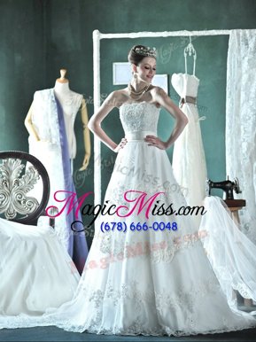 Court Train A-line Wedding Gown White Strapless Lace Sleeveless Mini Length Lace Up
