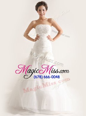 Exceptional Strapless Sleeveless Tulle Wedding Dresses Lace and Ruching and Hand Made Flower Sweep Train Zipper