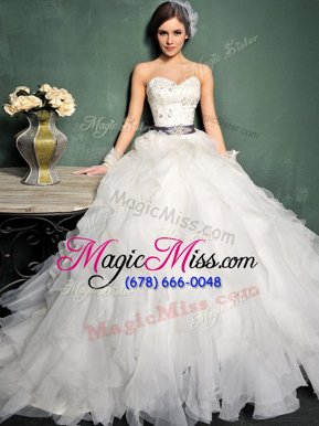 Modest Organza Sweetheart Sleeveless Brush Train Lace Up Beading and Ruffles and Belt Wedding Gown in White