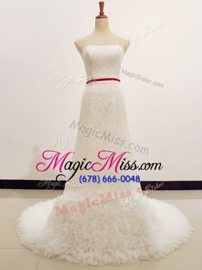 High Class Strapless Sleeveless Sweep Train Zipper Bridal Gown White Lace