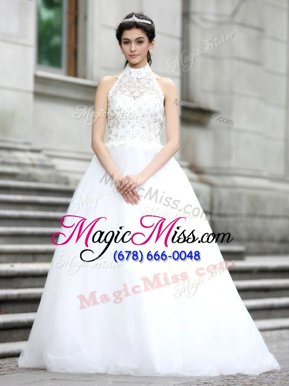 Simple High-neck Sleeveless Tulle Wedding Dress Lace Zipper