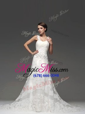 Nice Straps Sleeveless Brush Train Lace Up Wedding Dress White Lace