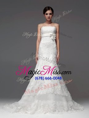 Noble Lace Strapless Sleeveless Brush Train Lace Up Lace and Appliques Bridal Gown in White