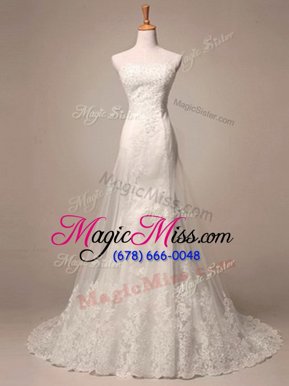 Fashion White Sleeveless Tulle and Lace Court Train Lace Up Wedding Dress for Wedding Party