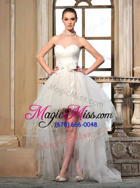 Exceptional White Sleeveless Ruching and Hand Made Flower High Low Bridal Gown