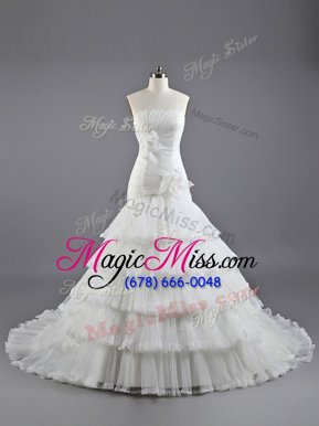Elegant White Strapless Lace Up Ruffled Layers and Hand Made Flower Wedding Dresses Brush Train Sleeveless