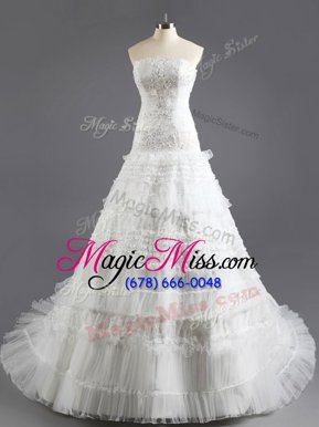 Cheap Sleeveless With Train Beading and Appliques and Ruffled Layers Lace Up Wedding Gowns with White Court Train