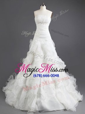 Custom Design White Lace Up Wedding Gown Beading and Ruffles Sleeveless With Train Court Train
