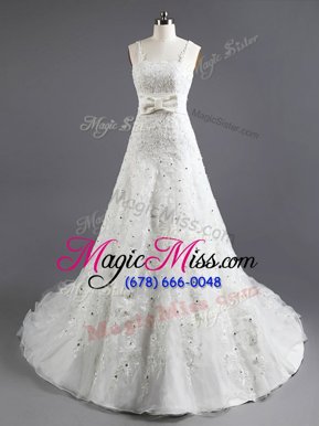 New Style White Square Neckline Beading and Appliques and Bowknot Wedding Dresses Sleeveless Lace Up