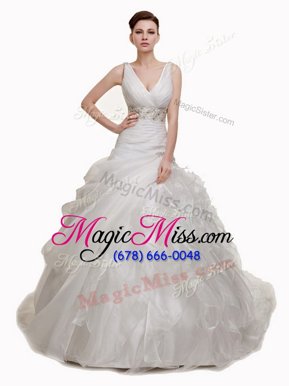Pick Ups With Train White Wedding Gowns V-neck Sleeveless Court Train Lace Up