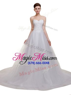 Great Sweetheart Sleeveless Court Train Lace Up Wedding Gown White Tulle