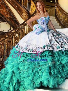 Inexpensive White and Turquoise Ball Gowns Organza Sweetheart Sleeveless Appliques and Embroidery Floor Length Lace Up Quinceanera Dress