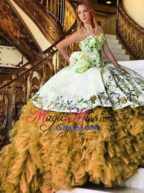 Amazing Appliques and Embroidery Quinceanera Gowns Yellow And White Lace Up Sleeveless Floor Length