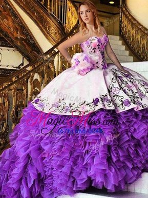 Customized White And Purple Ball Gowns Organza Sweetheart Sleeveless Appliques and Embroidery Floor Length Lace Up Ball Gown Prom Dress