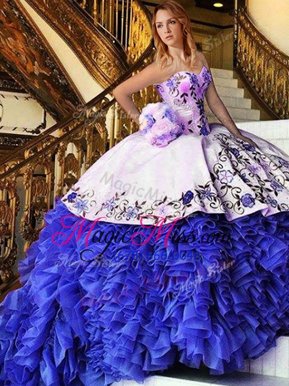 Pretty Blue And White Quinceanera Gown Military Ball and Sweet 16 and Quinceanera and For with Appliques and Embroidery Sweetheart Sleeveless Lace Up