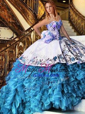 Simple Baby Blue Sleeveless Appliques and Embroidery and Ruffles Floor Length Ball Gown Prom Dress